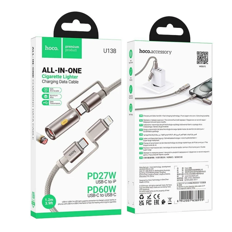 Multifunkcyjny kabel All-in-one Hoco U138 USB-C / USB-A do USB-C z lampką LED – czarny (1,2 m)