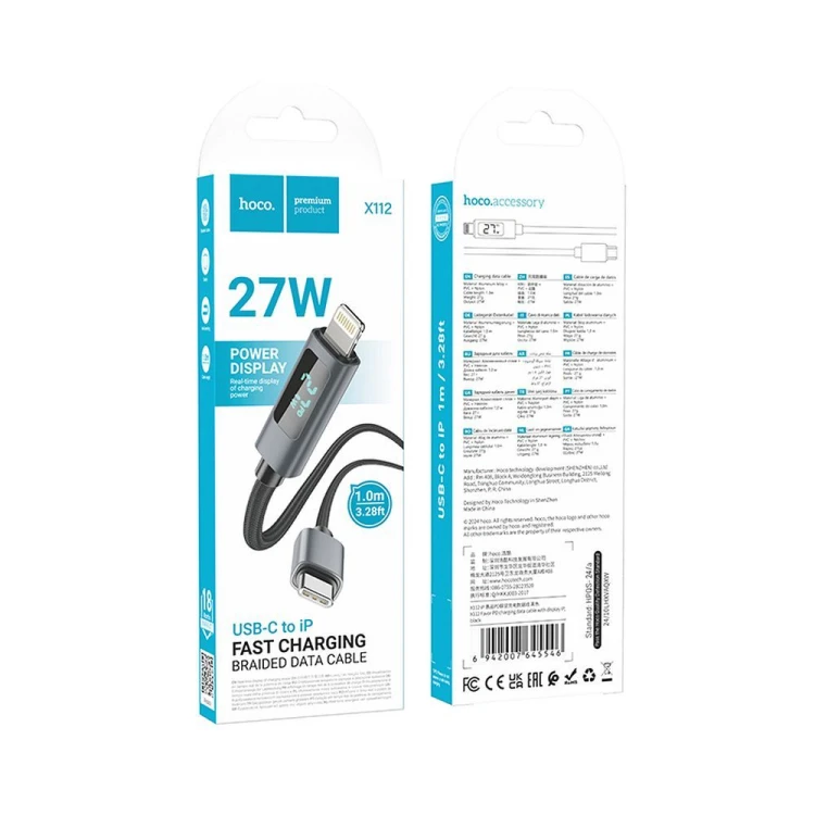 Kabel szybkoładujący USB-C do Lightning Hoco X112 27W Power Delivery z wyświetlaczem mocy – czarny (1 m)