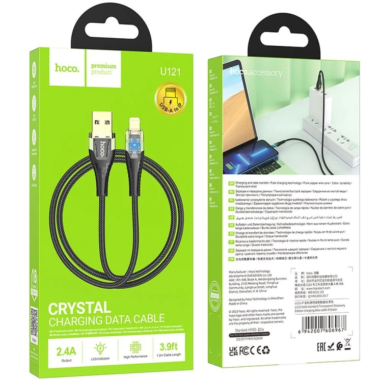 Stylowy kabel USB-A do Lightning Hoco U121 2,4A – czarny transparentny (1,2 m)