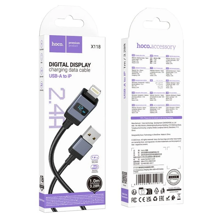 Inteligentny kabel ładujący USB-A do Lightning Hoco X118 2,4A z wyświetlaczem mocy – czarny (1 m)