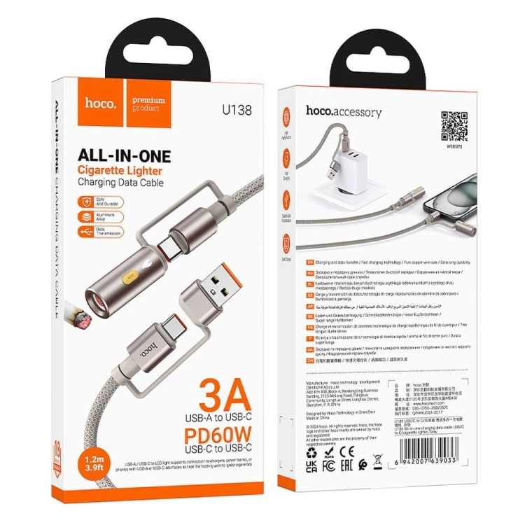 Multifunkcyjny kabel All-in-one Hoco U138 USB-C / USB-A do USB-C z bezogniową zapalniczką – szary (1,2 m)