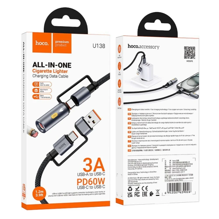 Multifunkcyjny kabel All-in-one Hoco U138 USB-C / USB-A do USB-C z bezogniową zapalniczką – czarny (1,2 m)