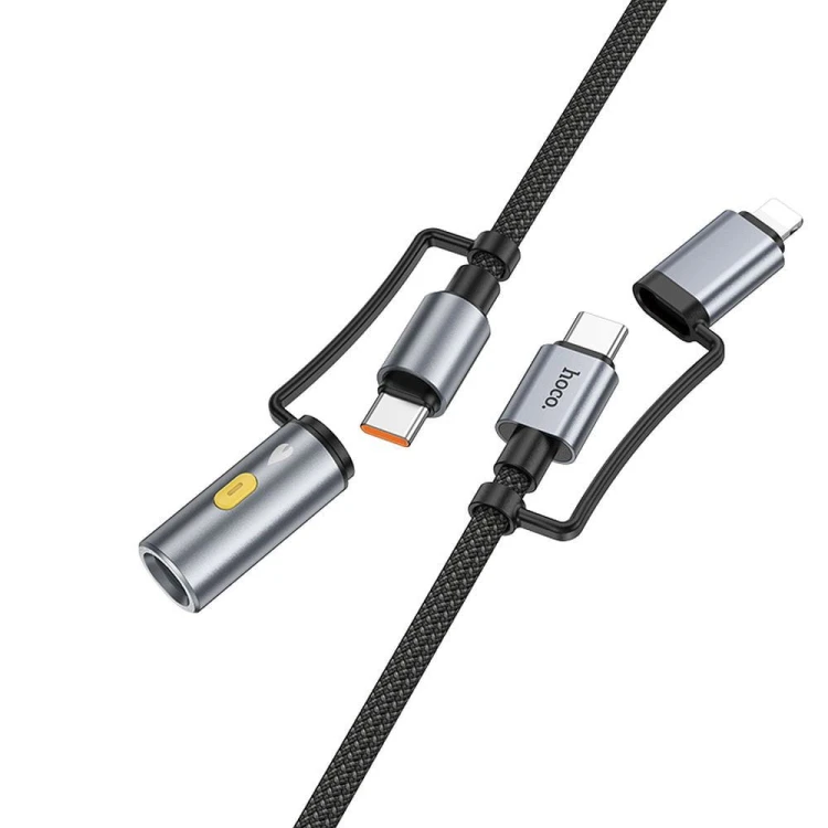 Multifunkcyjny kabel All-in-one Hoco U138 USB-C / Lightning do USB-C z bezogniową zapalniczką – szary (1,2 m)
