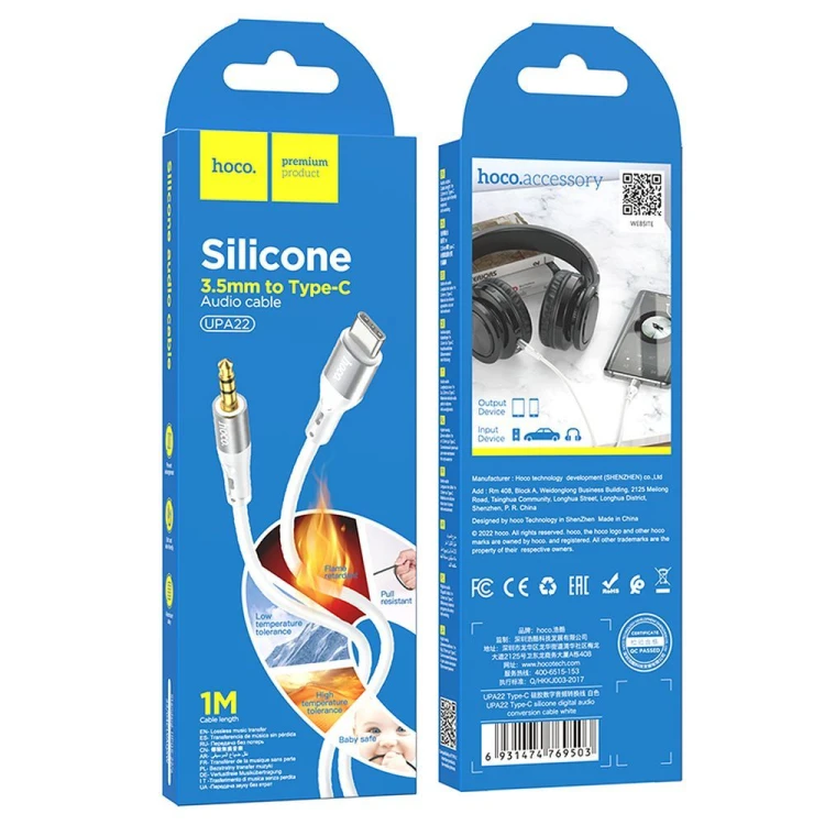 Elastyczny kabel audio AUX Mini Jack 3,5 mm do Lightning Hoco UPA22 – biały (1 m)