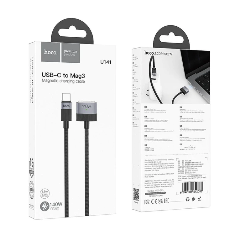 Magnetyczny kabel szybkoładujący USB-C do MagSafe 3 Hoco U141 140W – czarny (1,8 m)