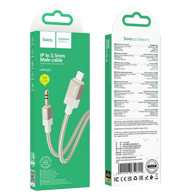 Kabel audio AUX Mini Jack 3,5 mm do Lightning Hoco UPA32A – złoty (1 m)