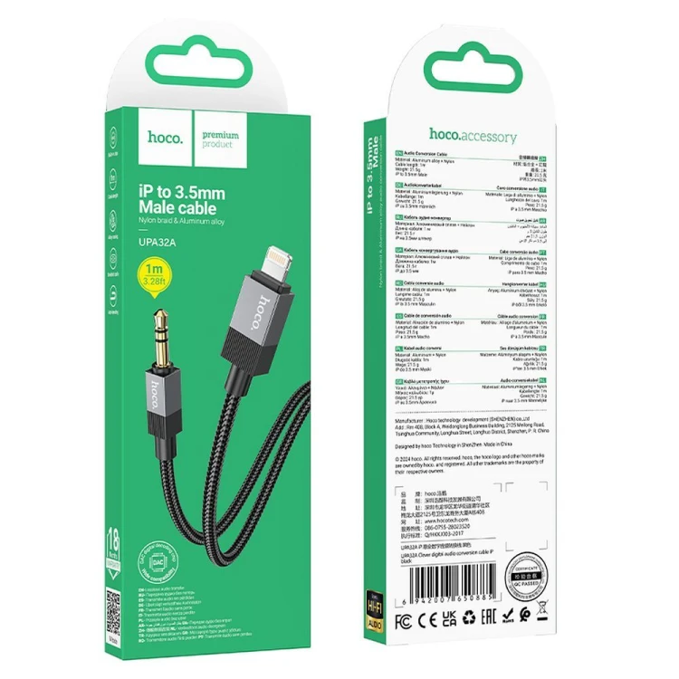 Wytrzymały kabel audio AUX Mini Jack 3,5 mm do Lightning Hoco UPA32A – czarny (1 m)