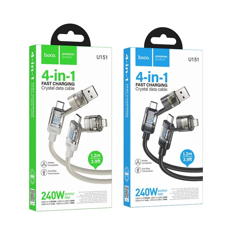Multifunkcyjny kabel 4w1 Hoco U151 240W (USB-A/C – USB-C/Lightning) – czarny (1,2 m)