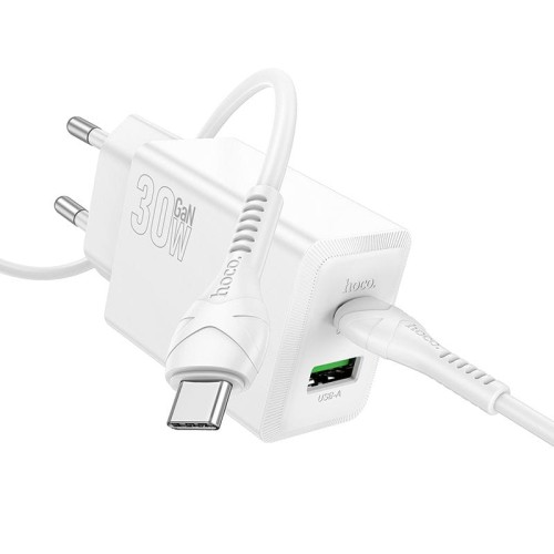 Zestaw: Szybka ładowarka sieciowa Hoco N71 30W USB-A + USB-C z kablem USB-C do USB-C 60W – biała