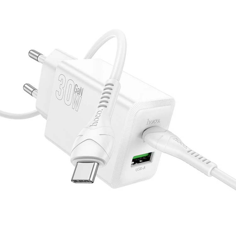 Zestaw: Szybka ładowarka sieciowa Hoco N71 30W USB-A + USB-C z kablem USB-C do USB-C 60W – biała
