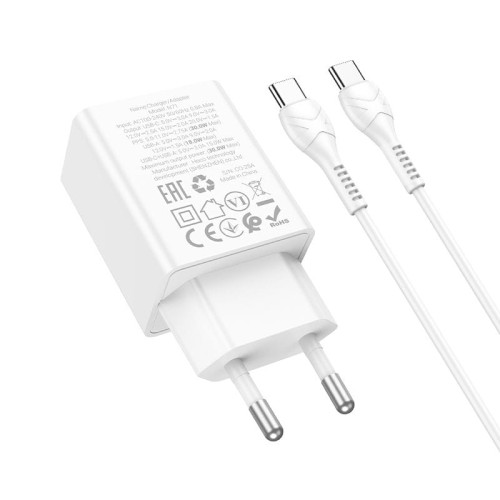 Zestaw: Szybka ładowarka sieciowa Hoco N71 30W USB-A + USB-C z kablem USB-C do USB-C 60W – biała