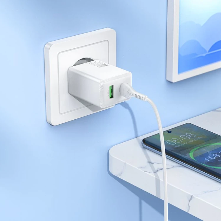 Zestaw: Szybka ładowarka sieciowa Hoco N71 30W USB-A + USB-C z kablem USB-C do USB-C 60W – biała
