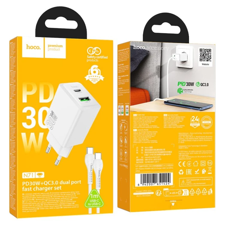 Zestaw: Szybka ładowarka sieciowa Hoco N71 30W USB-A + USB-C z kablem USB-C do USB-C 60W – biała