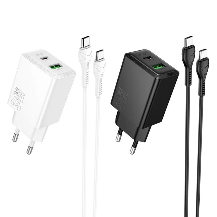 Zestaw: Szybka ładowarka sieciowa Hoco N71 30W USB-A + USB-C z kablem USB-C do USB-C 60W – biała