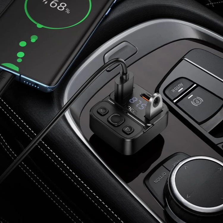 Transmiter samochodowy Bluetooth 5.4 Hoco E87 Fast Charging – PD 20W + USB 15W (35W) – czarny