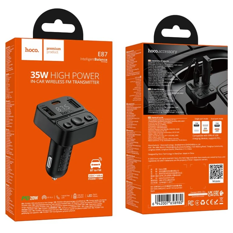 Transmiter samochodowy Bluetooth 5.4 Hoco E87 Fast Charging – PD 20W + USB 15W (35W) – czarny