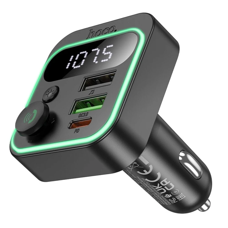 Transmiter samochodowy Bluetooth 5.4 Hoco Bravery E85 – PD 20W + QC 18W (38W) – czarny