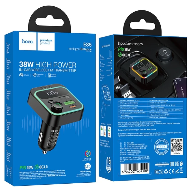 Transmiter samochodowy Bluetooth 5.4 Hoco Bravery E85 – PD 20W + QC 18W (38W) – czarny
