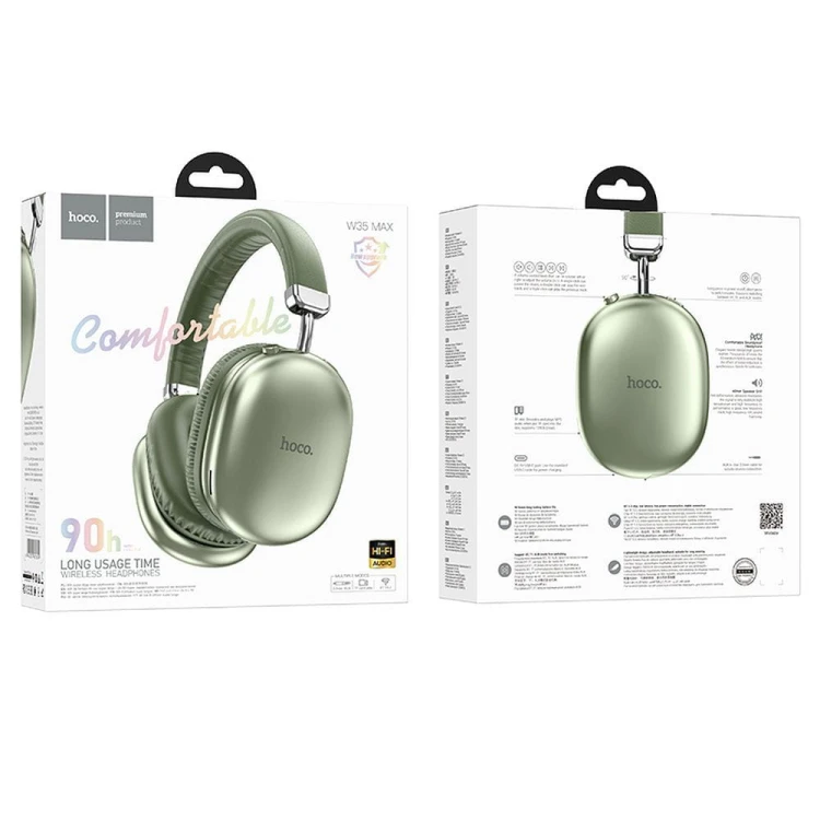 Bezprzewodowe słuchawki nauszne Bluetooth Hoco W35 Max – Sage Green – 90h pracy