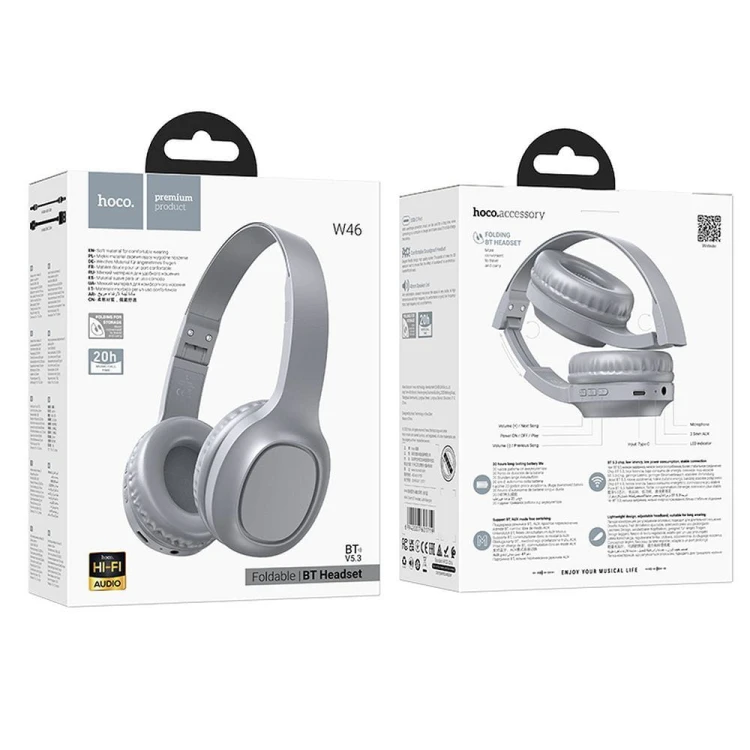 Bezprzewodowe słuchawki nauszne Bluetooth Hoco W46 – jasnoszare