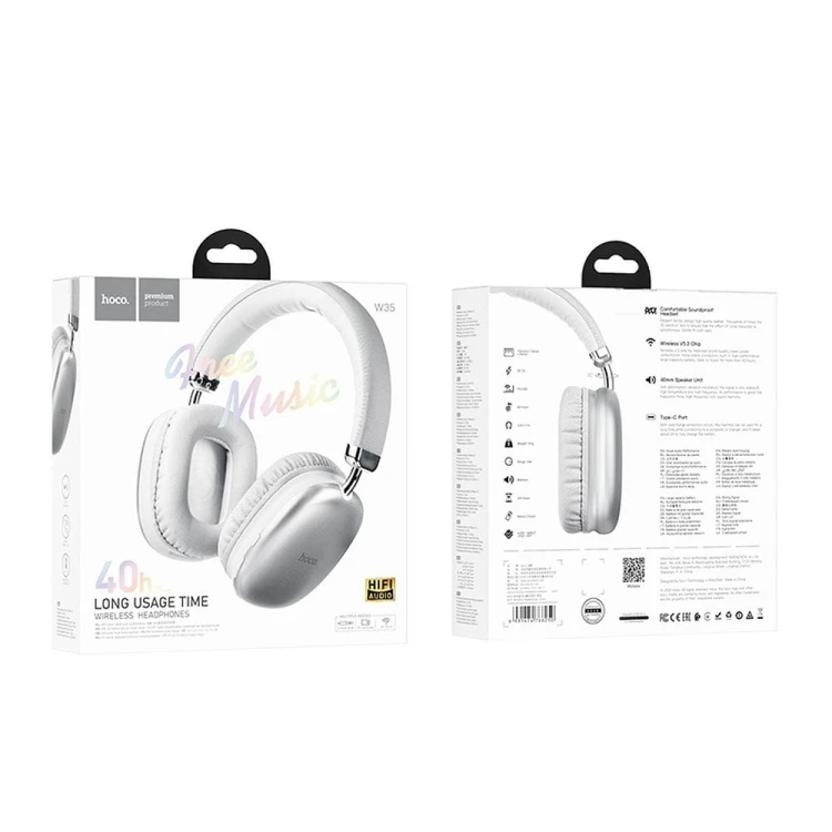 Bezprzewodowe słuchawki nauszne Bluetooth Hoco W35 – Metallic Silver – 40h pracy
