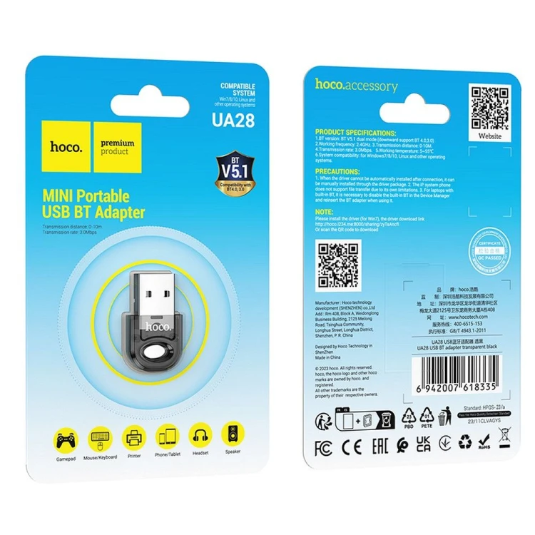 Miniaturowy adapter USB-A Bluetooth 5.1 Hoco UA28 – Transparentny Czarny