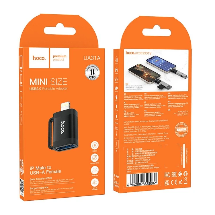 Adapter OTG Lightning do USB-A Hoco UA31A – czarny – Transmisja Danych i Ładowanie