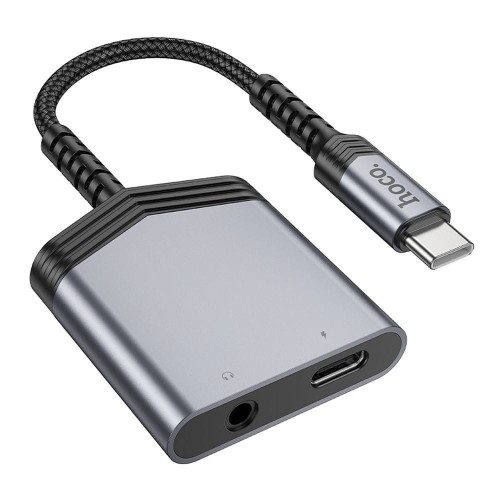 Adapter audio 2w1 USB-C do Jack 3,5 mm + USB-C Hoco LS39 – szybkie ładowanie 27W – szary
