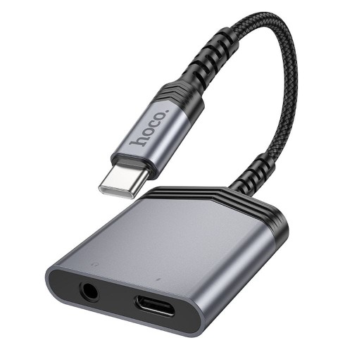 Adapter audio 2w1 USB-C do Jack 3,5 mm + USB-C Hoco LS39 – szybkie ładowanie 27W – szary