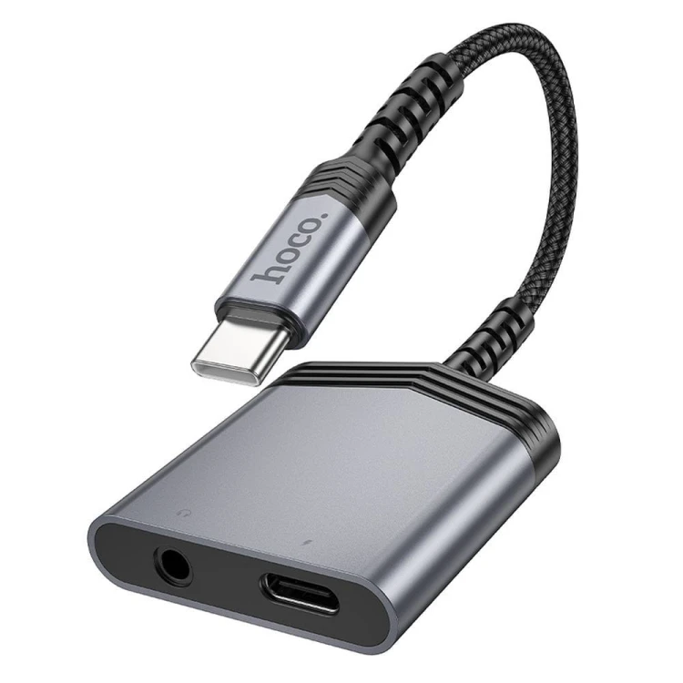 Adapter audio 2w1 USB-C do Jack 3,5 mm + USB-C Hoco LS39 – szybkie ładowanie 27W – szary