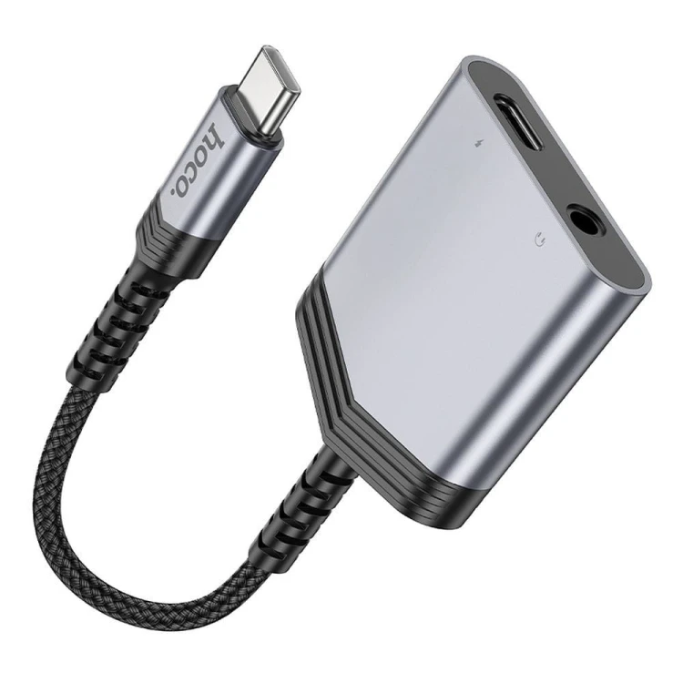 Adapter audio 2w1 USB-C do Jack 3,5 mm + USB-C Hoco LS39 – szybkie ładowanie 27W – szary