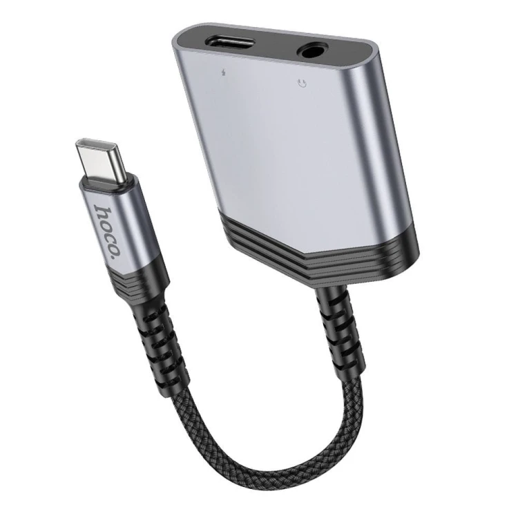 Adapter audio 2w1 USB-C do Jack 3,5 mm + USB-C Hoco LS39 – szybkie ładowanie 27W – szary