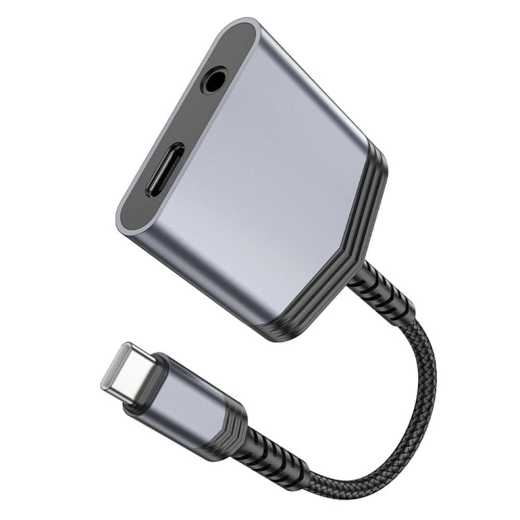 Adapter audio 2w1 USB-C do Jack 3,5 mm + USB-C Hoco LS39 – szybkie ładowanie 27W – szary