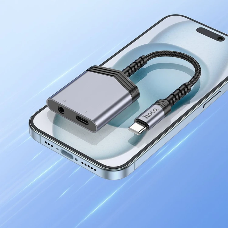 Adapter audio 2w1 USB-C do Jack 3,5 mm + USB-C Hoco LS39 – szybkie ładowanie 27W – szary