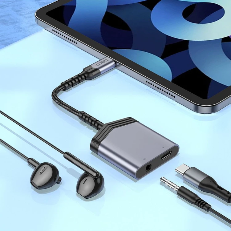 Adapter audio 2w1 USB-C do Jack 3,5 mm + USB-C Hoco LS39 – szybkie ładowanie 27W – szary