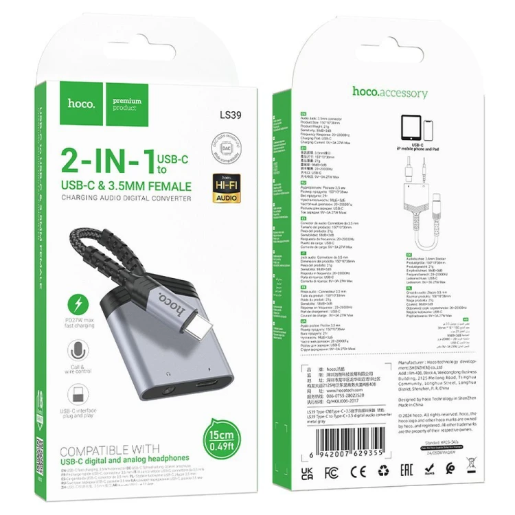 Adapter audio 2w1 USB-C do Jack 3,5 mm + USB-C Hoco LS39 – szybkie ładowanie 27W – szary