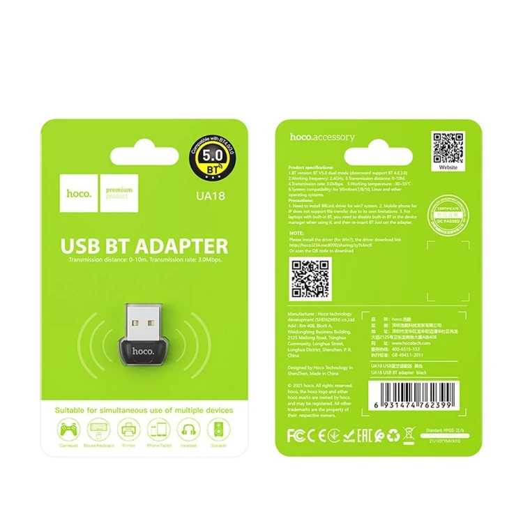 Miniaturowy adapter USB-A Bluetooth 5.0 Hoco UA18 – czarny