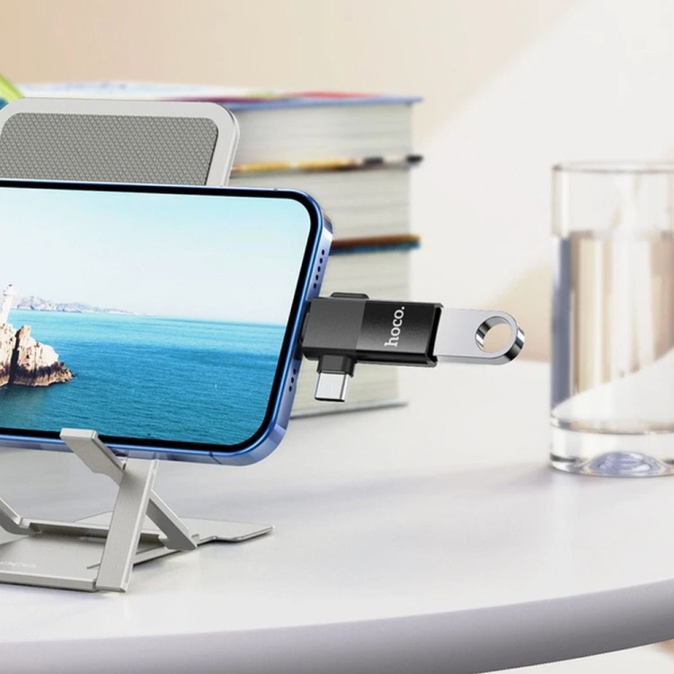 Uniwersalny adapter OTG 2w1 USB-C / Lightning do USB-A Hoco UA17 – czarny