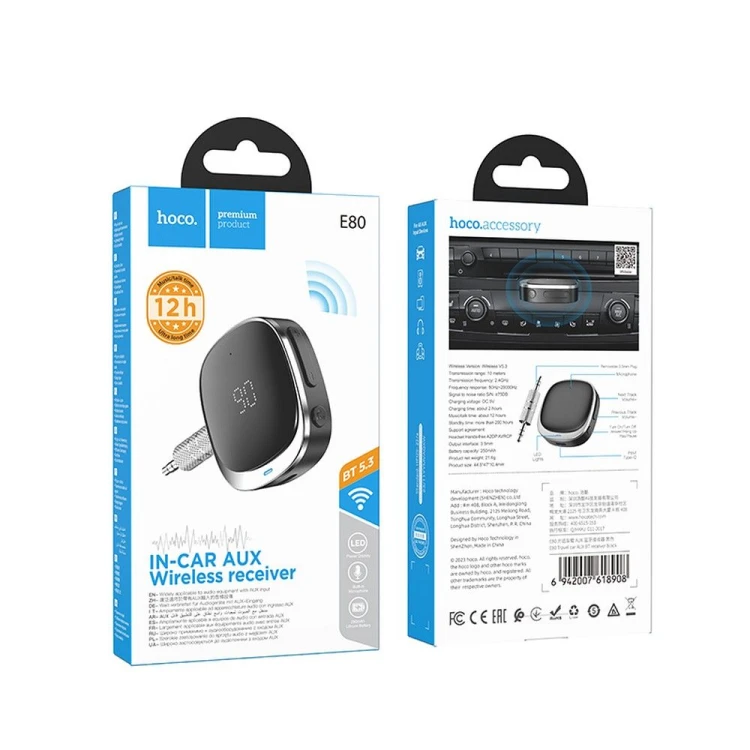 Odbiornik Bluetooth AUX Jack 3,5 mm Hoco E80 z wyświetlaczem – czarny