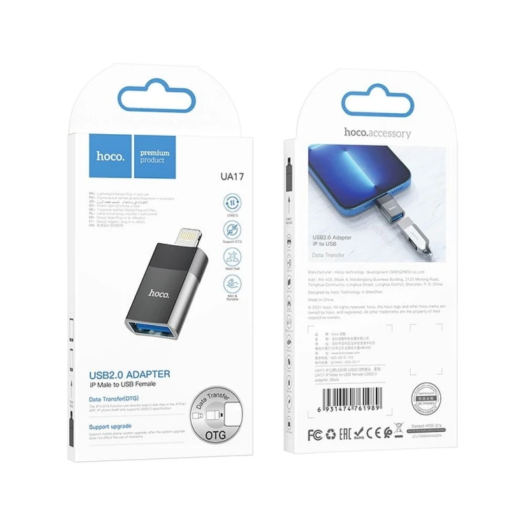 Miniaturowy adapter OTG z USB-A do Lightning Hoco UA17 – czarny