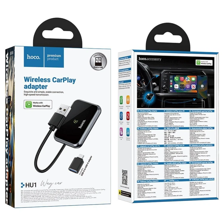 Bezprzewodowy adapter CarPlay Hoco HU1 (USB-A / USB-C) – czarny