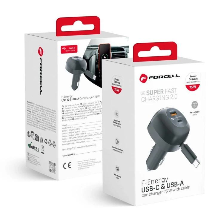 Ładowarka samochodowa Forcell F-Energy Alu 75W – Zwijany kabel USB-C + 2 porty – Super Fast Charging 2.0