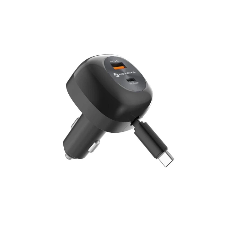 Ładowarka samochodowa Forcell F-Energy Alu 75W – Zwijany kabel USB-C + 2 porty – Super Fast Charging 2.0