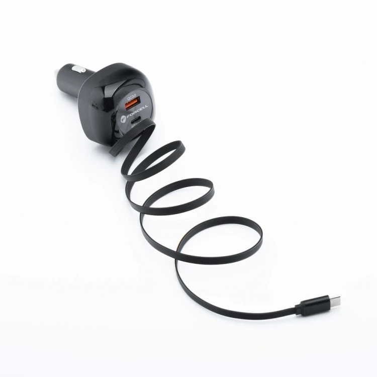 Ładowarka samochodowa Forcell F-Energy Alu 75W – Zwijany kabel USB-C + 2 porty – Super Fast Charging 2.0