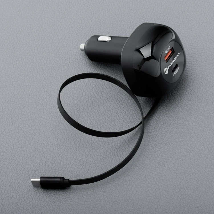Ładowarka samochodowa Forcell F-Energy Alu 75W – Zwijany kabel USB-C + 2 porty – Super Fast Charging 2.0