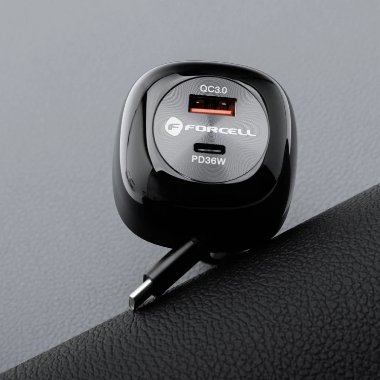 Ładowarka samochodowa Forcell F-Energy Alu 75W – Zwijany kabel USB-C + 2 porty – Super Fast Charging 2.0
