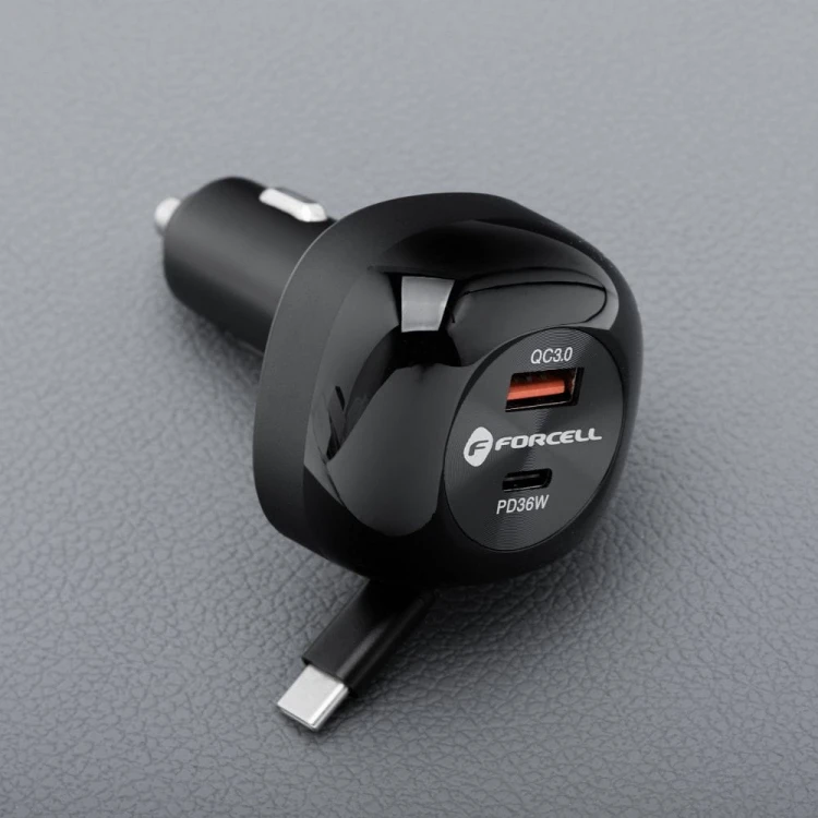 Ładowarka samochodowa Forcell F-Energy Alu 75W – Zwijany kabel USB-C + 2 porty – Super Fast Charging 2.0