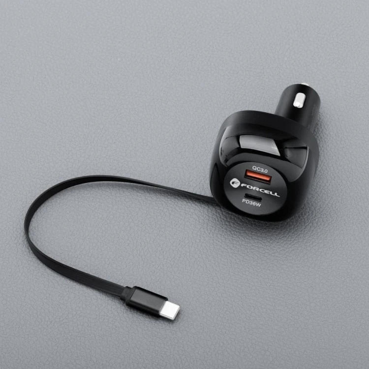 Ładowarka samochodowa Forcell F-Energy Alu 75W – Zwijany kabel USB-C + 2 porty – Super Fast Charging 2.0
