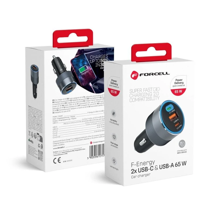 Potężna ładowarka samochodowa Forcell F-Energy Alu 65W – 2xUSB-C + USB-A – Super Fast Charging 2.0