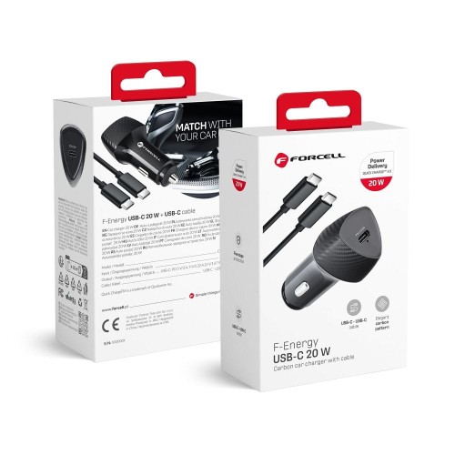 Zestaw Forcell F-Energy Carbon: Szybka ładowarka samochodowa 20W USB-C PD + Kabel USB-C 60W – Czarny